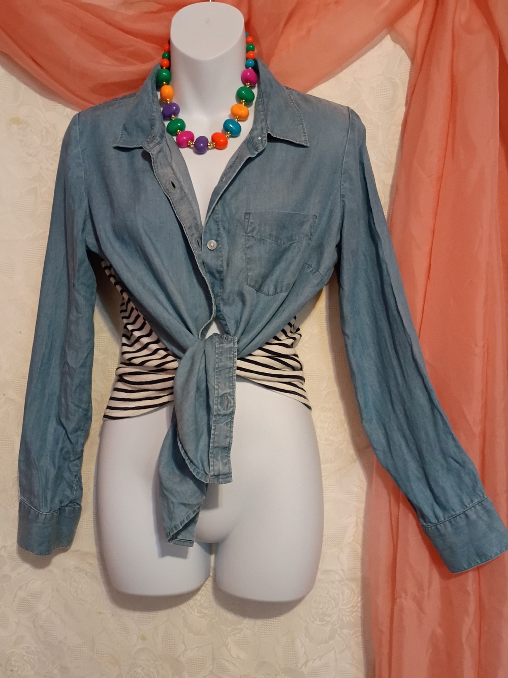 crown & ivy Light Blue Jean  Button Front Shirt W/Striped Accents Sz Sm